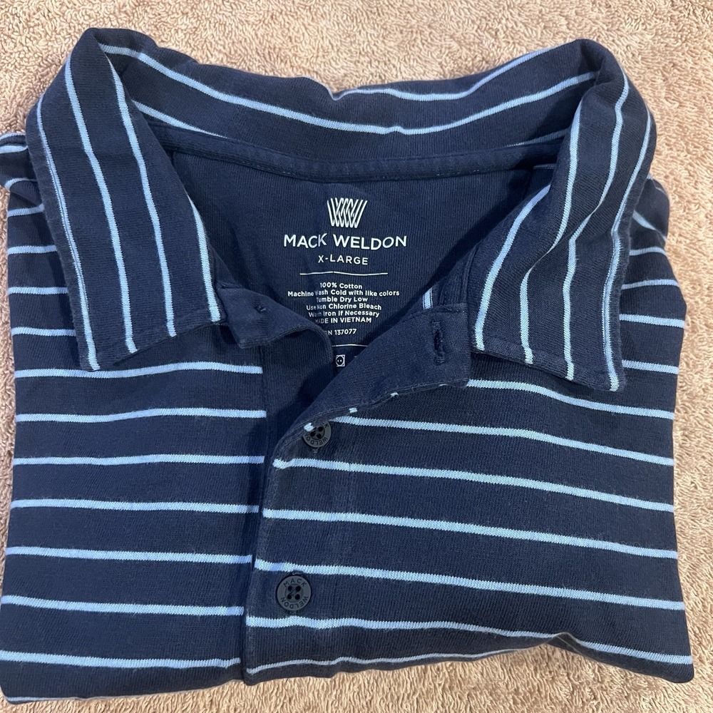 Mack Weldon XL Polo Shirt Blue Stripe 100% Cotton Daily Wear Casual Tagless Men